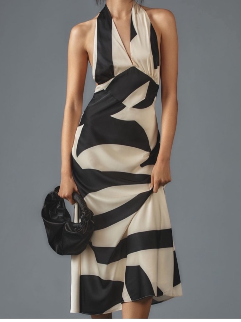 Anthropologie Bardot Citron Halter Midi Dress Open Back Abstract Print US 8